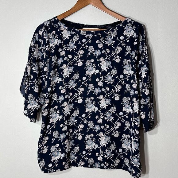 LOFT Tops - Loft Floral Blue Blouse Top Women Size Small Boat Neck 1/2 Sleeve Relaxed Casual